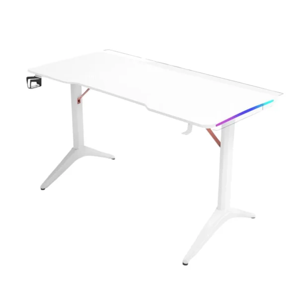 طاولة ألعاب 110 سم سطح كاربون فايبر مع إضاءة RGB وحوامل أكواب وسماعات - ابيض